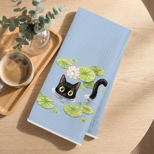 Image of 4 Pcs Funny Black Cat Kitchen Towels 24x14 Inch, Cats Gifts Reusable Dish Towels for Kitchen Bathroom Home Decor, Waffle Weave Absorbent Hand Cloth Tea Towel, Cute Cat Lover Gifts for Women Mom Friend