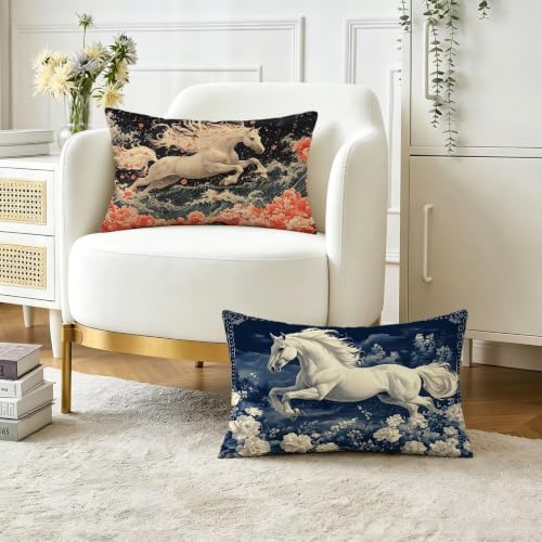 Coussin Exterieur Impermeable Blanc Housse Coussin 30x50 cm Lot de 2, Cheval Décoratif Canapé Taie Oreiller, Lin Housse de Coussins Rectangulaire pour été...