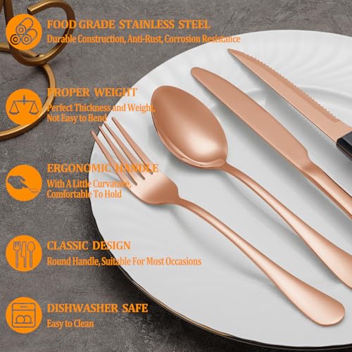 48 Pcs Rose Gold Silverware Set with Steak Knives Service for 8,Stainless Steel Flatware Set,Mirror Polished Cutlery Utensil Set, Kitchen Eating Tableware,Include Fork Knife Spoon Set,Dishwasher Safe