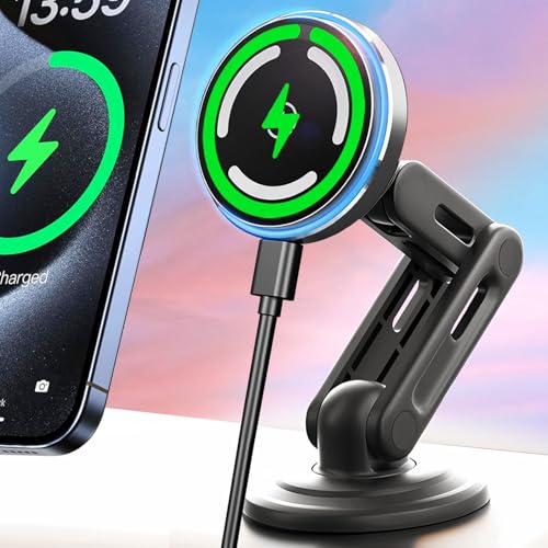 WCKESI Qi2 15W MagSafeJ[}Eg[dp LEDArGgCg i[ OA[&360] _bVCCXԍڏ[d ԍڃz_[}Eg iPhone 16/15/14/13/12V[Yp