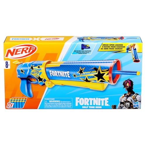 Image of Nerf Fortnite Half Tone Hero Blaster, Bonus Code to Unlock Half Tone Hero Wrap in The Game, Break Open Loading, 12 Nerf Elite Darts, Fortnite Gifts