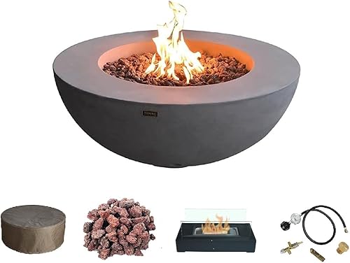 AMS Chimenea Elementi Mesa redonda de propano para patio exterior Cubierta de lona, rocas de lava y válvula de llave de gas incluidas Muebles