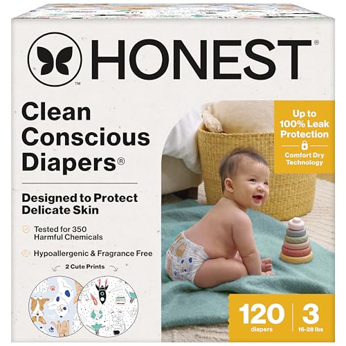 Image of The Honest Company Comfort Dry Disposable Diapers for Sensitive Skin, Hypoallergenic, Space Travel + It's a Pawty, Super Club Box Size 3, (16–28 lbs), 120 Count