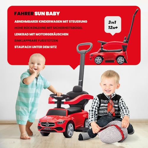 sun baby Rutschauto ab 1 Jahr Mercedes C-Class, Kinderfahrzeug für Jungen und Mädchen mit hohe Rückenlehne, Audio-Lenkrad, ausziehbare Fußstützen, Staufach (Rot)