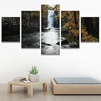 SIGNWIN 5 Panel Canvas Wall Art Forest Waterfalls for Home Decorations Ready to Hang - 60
