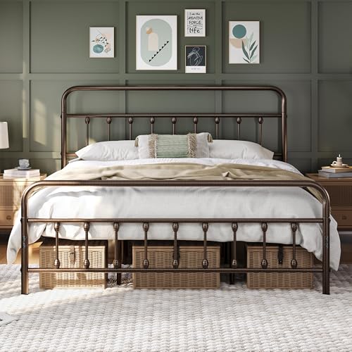 Yaheetech Classic Metal Platform Bed Frame Mattress Foundation with Victorian Style Iron-Art Headboard/Footboard/Under Bed Storage/No Box Spring Needed/King Size Bronze