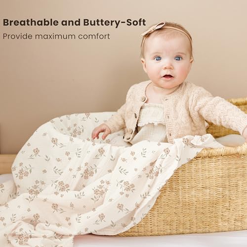 Konssy Muslin Swaddle Blankets for Baby Girls Boys, 3 Pack Receiving Blanket Large 47 x 47 inches, Soft Breathable Muslin Baby Blanket for Unisex Newborn (Peach Blossom Sun)