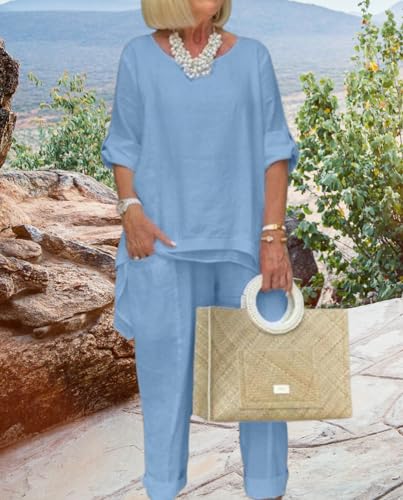 Stylish Blue Linen Pants Suit for Women - BIVENANT 2 Piece Dressy Cotton Set in 3X-Large - Image 3
