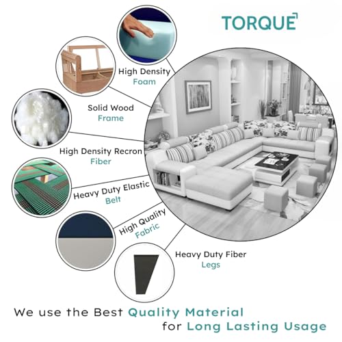 Image of Torque - Callister 12 Seater Interchangeable Sofa for Living Room (Right Side, Beige & White) | Large U Shape Fabric Sofa Couch with 4 Puffy & Storage | 3 Years Warranty