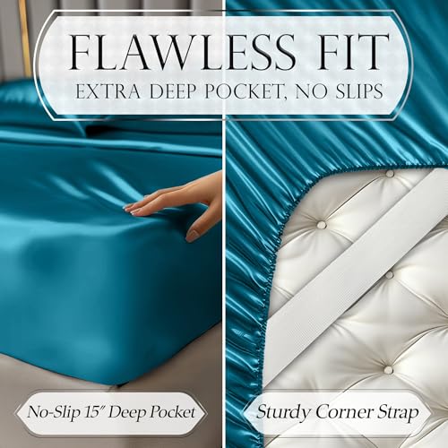 DECOLURE Satin Bed Sheets - 4 Piece Luxury Silky King Size Bedding Set - Softer Than Silk, Wrinkle-Free with 15” Deep Pocket Fitted Sheet, Perfect for Hair & Skin, Gifts for Women (Sea Teal-01) - Image 6