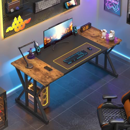 Image of 55 inch Large Computer Desk with Thickened Frame for Home Office, Living Room | Modern Simple Executive Desk, Larger Gaming Desk with X-Shaped ReInchforcement, Rustic Brown /Black