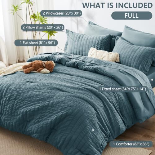 Image of HIMEET Full Comforter Sets, 7-Piece Seersucker Bed in a Bag, Mineral Blue | 90 GSM Brushed Fabric, 240 GSM Fill, 14-Inch Deep Pocket, OEKO-TEX Certified, Soft & Lightweight for All-Season Use