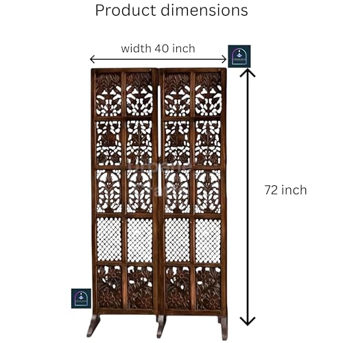 Image of Wooden Room Partition /Screen /Room Divider /Room Separator Burnt Wood Finish (Hand Buffing) Frame Traditional Handicrafts 6Ft Height (2 Panel with Stands)