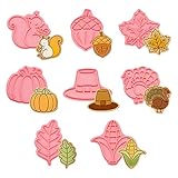 Gukasxi Juego de 8 cortadores de galletas de otoño de Acción de Gracias con sello de émbolo 3D,pastelería,galleta,decoración de pasteles, herramienta de horneado,hoja de arce,calabaza, pavo