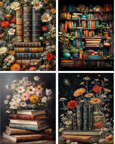 Image of 4 Pack Book Flower Stamped Cross Stitch Kits for Adults - Embroidery Kits for Beginners Adults,11 CT Patterns Dimensions Counted Cross Stitch Kits for Arts Craft Kits12x16 inch
