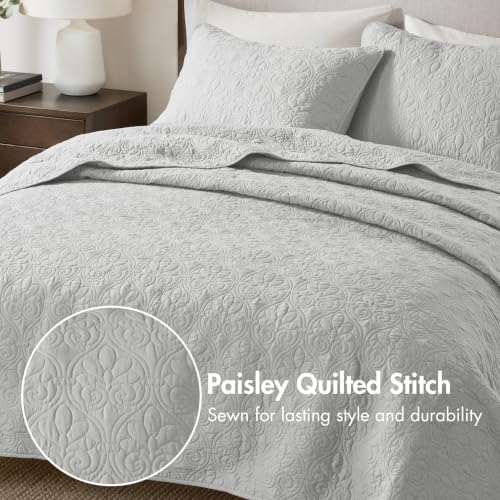 Image of Madison Park Luxurious Cotton Damask Quilt Set, 3PC Full /Queen Bed Set | All Season, Lightweight Stitching Coverlet Bedspread Bedding Stitching with Shams, Grey