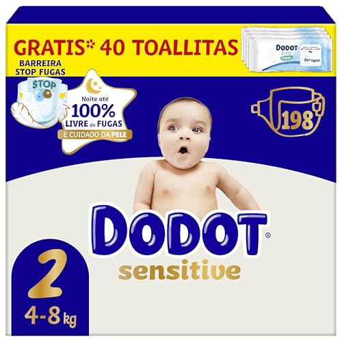 Dodot Pañales Bebé Sensitive, Talla 2 (4-8 kg), 198 Pañales + Regalo de 40 Toallitas Aqua Pure 99% Agua, Hasta 12 h De Protección Antifugas y Cuidado de la Piel, Pack Mensual