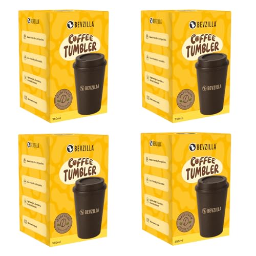 Image of Bevzilla Eco-Friendly Coffee Tumbler | Pack of 4 | Crafted from Bamboo Fiber, Coffee Husk & Rice Husk | Lightweight, Durable & Food-Safe | Microwave & Dishwasher Safe | Sustainable Reusable Travel Mug