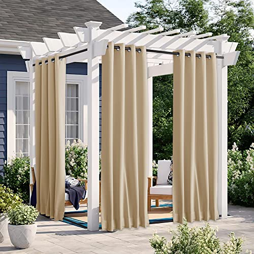 NICETOWN 2 Panels Outdoor Patio Curtains Windproof & Waterproof, Top & Bottom Grommet & Back Tab Light Blocking Drapes Keep Privacy for Yard/Porch with Ropes for Fixed, Biscotti Beige, W46 x L72