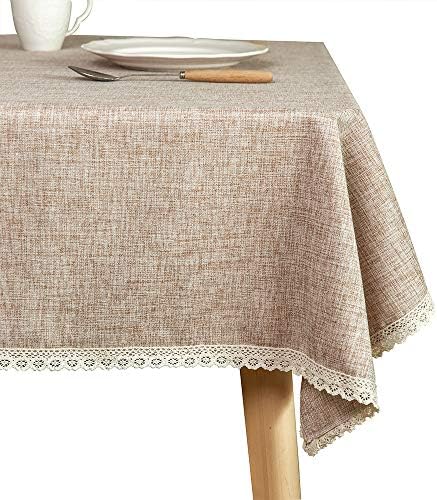 GLORY SEASON Linen Rustic Burlap Washable Tablecloth,Solid Heavy Weight Tan 55 x 70 Rectangle Overlay Lace Edge Table Cover for Kitchen Dinning Decoration …
