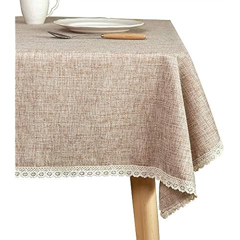 GLORY SEASON Linen Rustic Burlap Washable Tablecloth,Solid Heavy Weight Tan 60 x 120 Rectangle Overlay Lace Edge Table Cover for Kitchen Dinning Decoration Cover