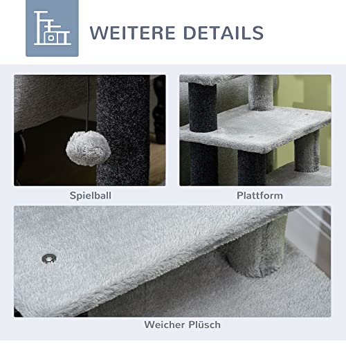 PawHut Hundetreppe 3/4 Stufen 66 cm Hoch Haustiertreppe mit Schlafhöhle, Rampe, Sipielball, Katzentreppe für mittelgroße Katze Hunderampe Einstiegshilfe für Bett, Sofa, Couch, Grau