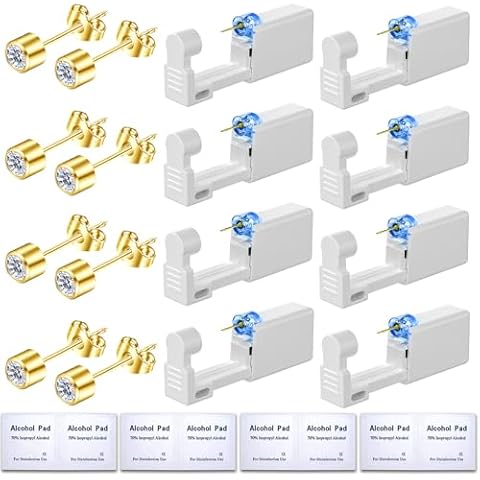 Get the Perfect Ear Piercing with 24Pcs Premium Ear Piercing Kit - Includes 8 CZ Diamond Earrings and 8 Easy-to-Use Self Ear Piercing Gun - Safe and Painless Cover