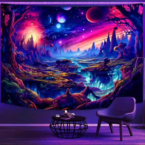 Simpkeely Fantasy Planet Tapestry, Blacklight Forest Natural Landscape Retro Aesthetic Wall Hanging, UV Reactive Sunset Trees Tapestries for Bedroom, Living Room - 150 x 200cm - Image 2