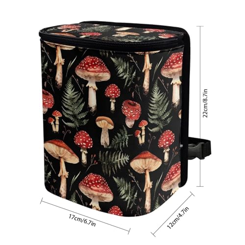 Image of Car Accessories Back Seat Multipurpose Car Trash Can with Lid, Leak Proof Waterproof Hanging Car Garbage Can for Road Trip Travel, Mushroom Print
