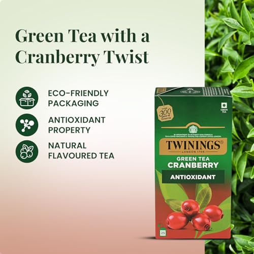 Image of Twinings Green Tea Cranberry, 25 Tea Bags| Pack of 1| Perfectly Balanced & Refreshing Taste| Zingy Sharpness of Cranberry with Golden | Handpicked Green Tea Leaves| Enjoy a Hot Cup of Tea