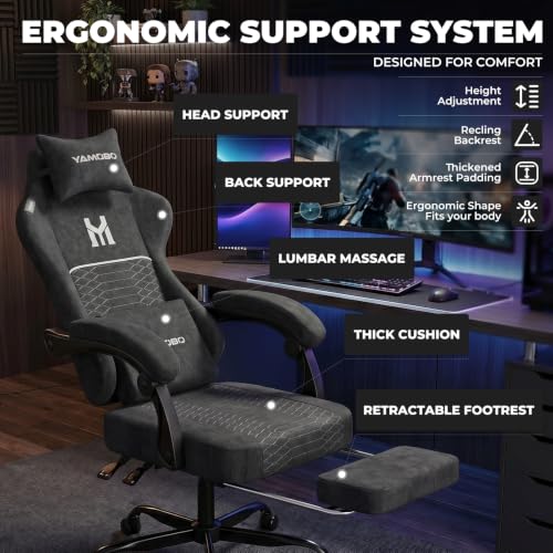 Image of Gaming Chair with Footrest, Ergonomic Computer Chair with Lumbar & Headrest Support for Adults, High Back Office Desk Chair with 360Swivel Wheels for Game and Work, Breathable Fabric,Black