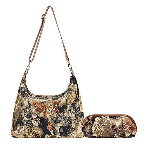 Signare Sac à bandoulière pour femme avec sac de rangement assorti pour maquillage, masque facial ou papeterie Motif jardin et fleurs - - chat, Taille unique Cover