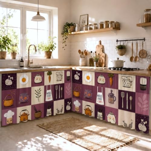 Image of Under Sink & Counter Curtain for Modular Kitchen - Printed Fabric Rod Pocket Hanging Skirt, Washable Under-Counter Cover, Pack of 2 Panels (Each Panel: 150 x 70 cm) (Purple Kitli)