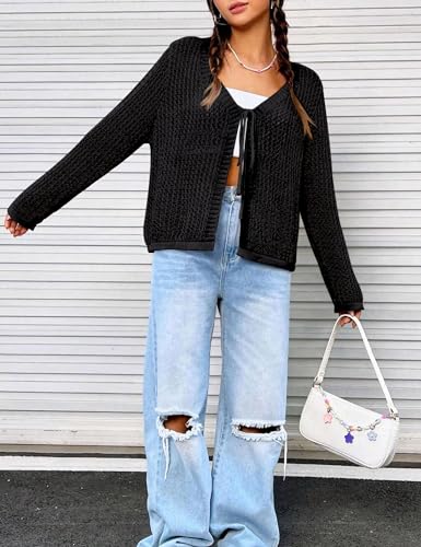 Womens Lightweight Crochet Cardigan Tie Front Shrugs Knit Crop Tops3