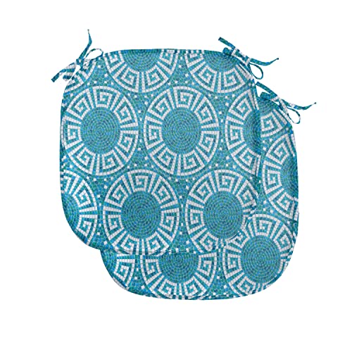 Ambesonne Aqua Chair Seating Cushion Set of 2, Greek Meander Mosaic Pattern Classical Geometrical Ornament Architecture, Anti-Slip Seat Padding for Kitchen & Patio, 16