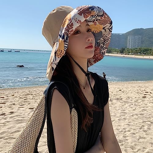 Image of HUAMULAN Women Sun Hat Summer Bucket Beach Boonie Cotton Cap Wide Brim UPF 50