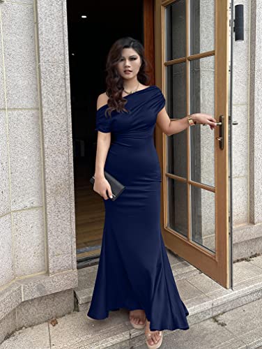 Image of YMDUCH Women's Sleeveless Off Shoulder Long Formal Party Dress | Backless,Stretch,Fitted,Mermaid,One Shoulder,Bodycon,Elegant,Slim,Formal,Solid,Evening,Wedding Guest,Bridesmaid,Maxi