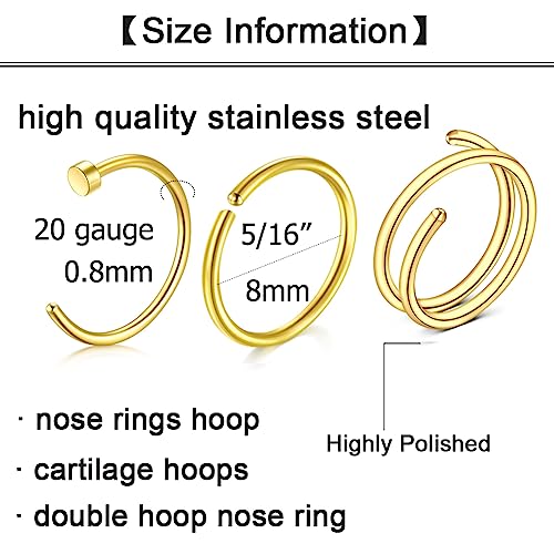 Longita 20g Nose Rings Hoop L Shape Nose Studs Stainless Steel Nose Screw Bone Flat Top Diamond Opal Heart High Nostril Piercing Jewelry Silver Rose Gold Black Pack for Women Men2
