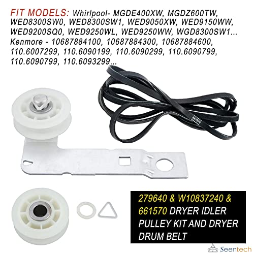 279640 & W10837240 & 661570 Dryer Idler Pulley Kit and Dryer Drum Belt