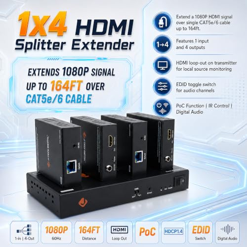 Extensor HDMI por Cat6 1x4 divisor de señal de vídeo digital sobre Ethernet de 50m con switch EDID 2