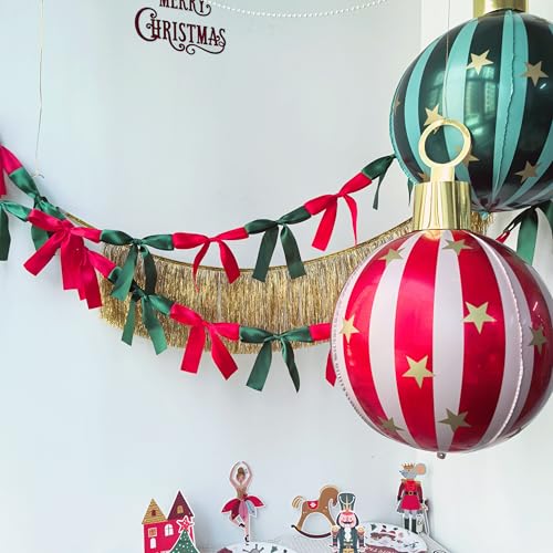 Image of Bow Knot Garland | 6ft Linking Satin Bow Banner with 3ft Extend Ribbon for Coquette Bachelorette Party, Baby Shower,Bridal Shower Wedding Baby Room Bed Decor (Red & Green, 6ft)