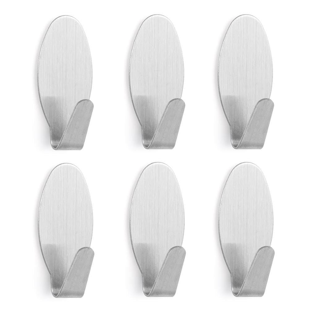 6Pcs Wall Towel Hooks Home Storage Stainless Steel Bathroom Office Kitchen Self Adhesive(Oval)
