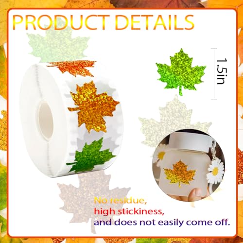 Image of 500Pcs Fall Thanksgiving Leaf Stickers 1.5in Maple Leaf Decals 5 Colors Holographic Self Adhesive Label Leaves Stickers Roll for Autumn Party Cards Seal Envelopes Supplies Decor