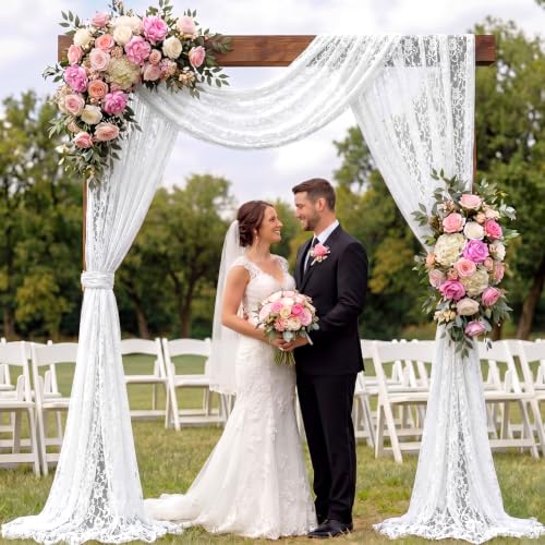 Image of HunnmingRe 4 Panel White Wedding Arch Draping Fabric Summer 30 inch X 18 FT Lace Wedding Arch Drapery Embroidered Boho Rustic Backdrop Vintage Decor for Bridal Shower Church Ceremony Decoration