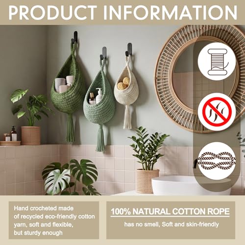 Image of Honeydak 3 Hanging Baskets, Sage Color Palette, Tassel, Cotton Rope