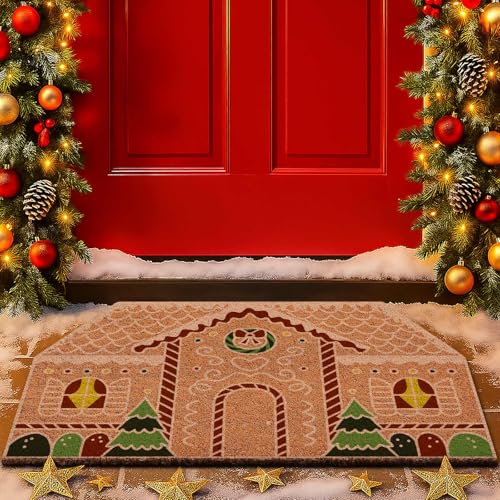 Lanpn 42x75cm Felpudo de Navidad Coco, Casa de Jengibre Antideslizante de Goma Exterior Entrada Casa Natural Coco Felpudo Delante Puerta Decoraciones para Decoración Navidad Invernal (Marrón)
