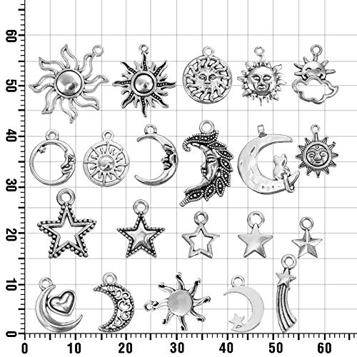 WILLBOND 108 Pieces Jewelry Charms, Mixed Antique Silver Sun Stars Moon Charms Pendants, Assorted Gold Plated Enamel Cat Moon Star Celestial Charm Pendant for Earrings Necklace Jewelry Crafting3