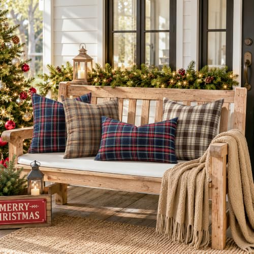 Image of MIULEE Christmas Plaid Pillow Covers Scottish Tartan 18x18 Blue | Set of 2 Christmas Decorations Cushion Covers, Farmhouse Winter Home Decor, for Thanksgiving Sofa Couch Bed Living Room