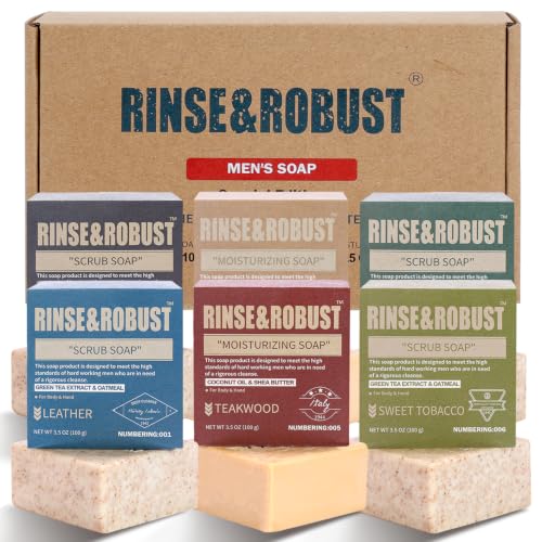 Rinse & Robust Mens Soap Bar Set 6Pcs Natural Handmade Cleansing Bar Soap Set Moisturizing Exfoliating Scrub Soap Fathers Day Gift for Dad All Skin Type, 6 Different Scents, 3.5 oz of 6 Bars