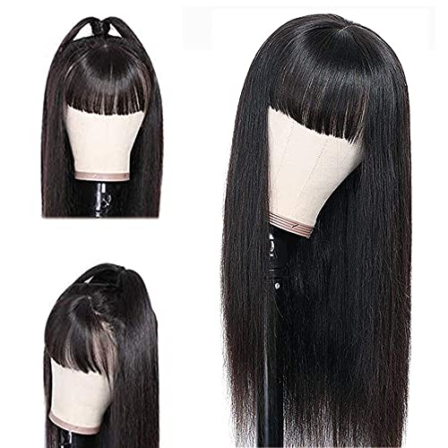 TIANTAI Brazilian Silky Straight Human Hair Wig With Air Bangs For Black Women Natural Long Fringe Wig Virgin Human Hair 160% Density(22inch)